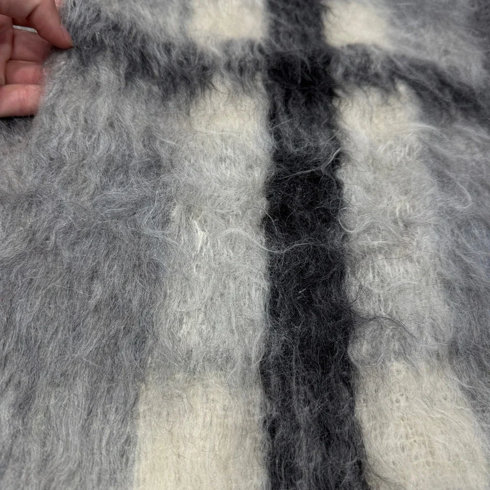 Mohair Scarf Unisex OS Grey Plaid Excellent Fuzzy Shaggy Winter Warm